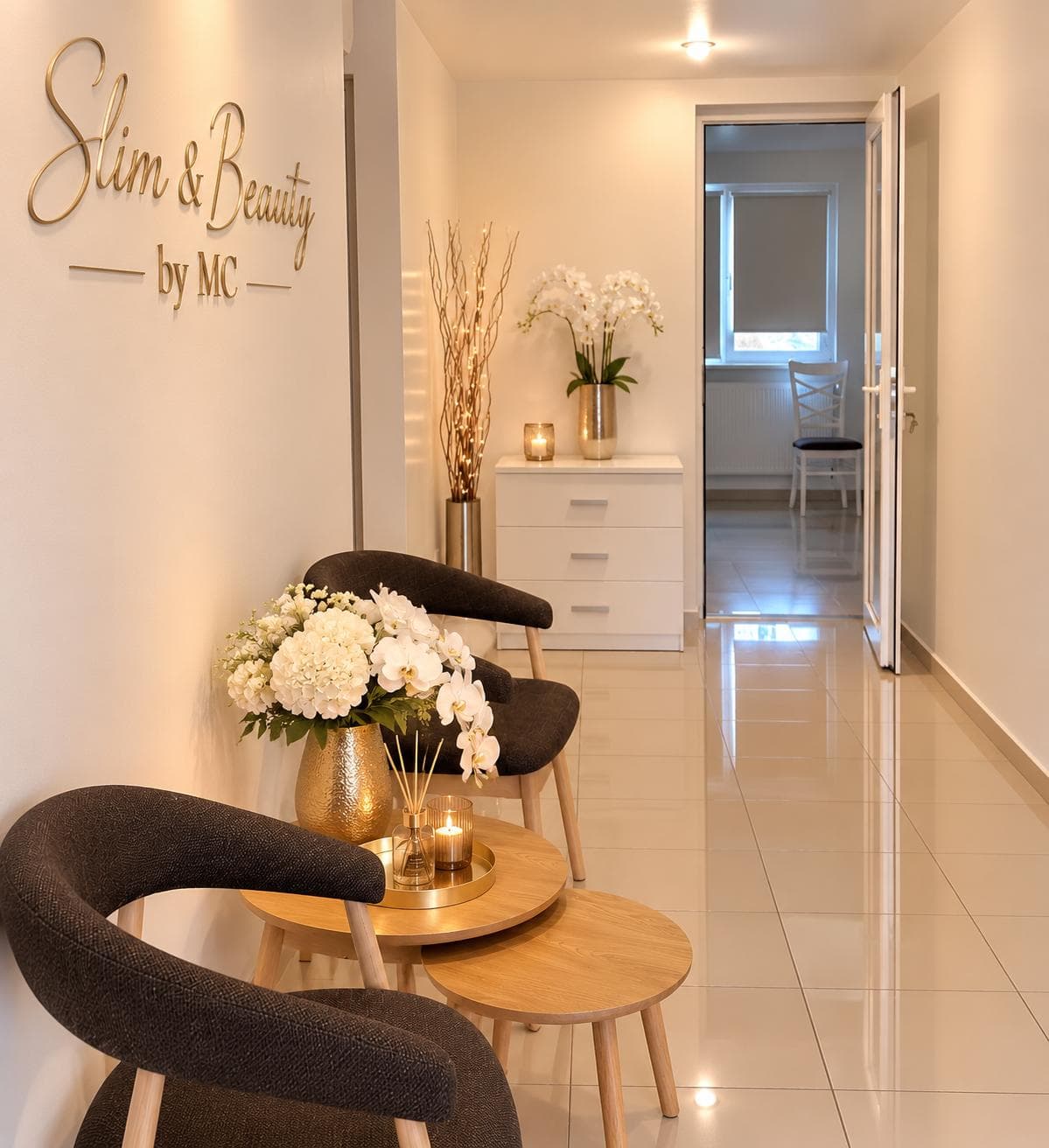 Recepția salonului Slim & Beauty by MC din Dumbrăvița, cu logo-ul pe perete și flori albe